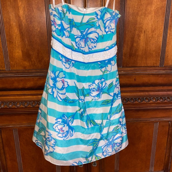 Lilly Pulitzer Blue Floral & Stripes Strapless Dress - Picture 2 of 6